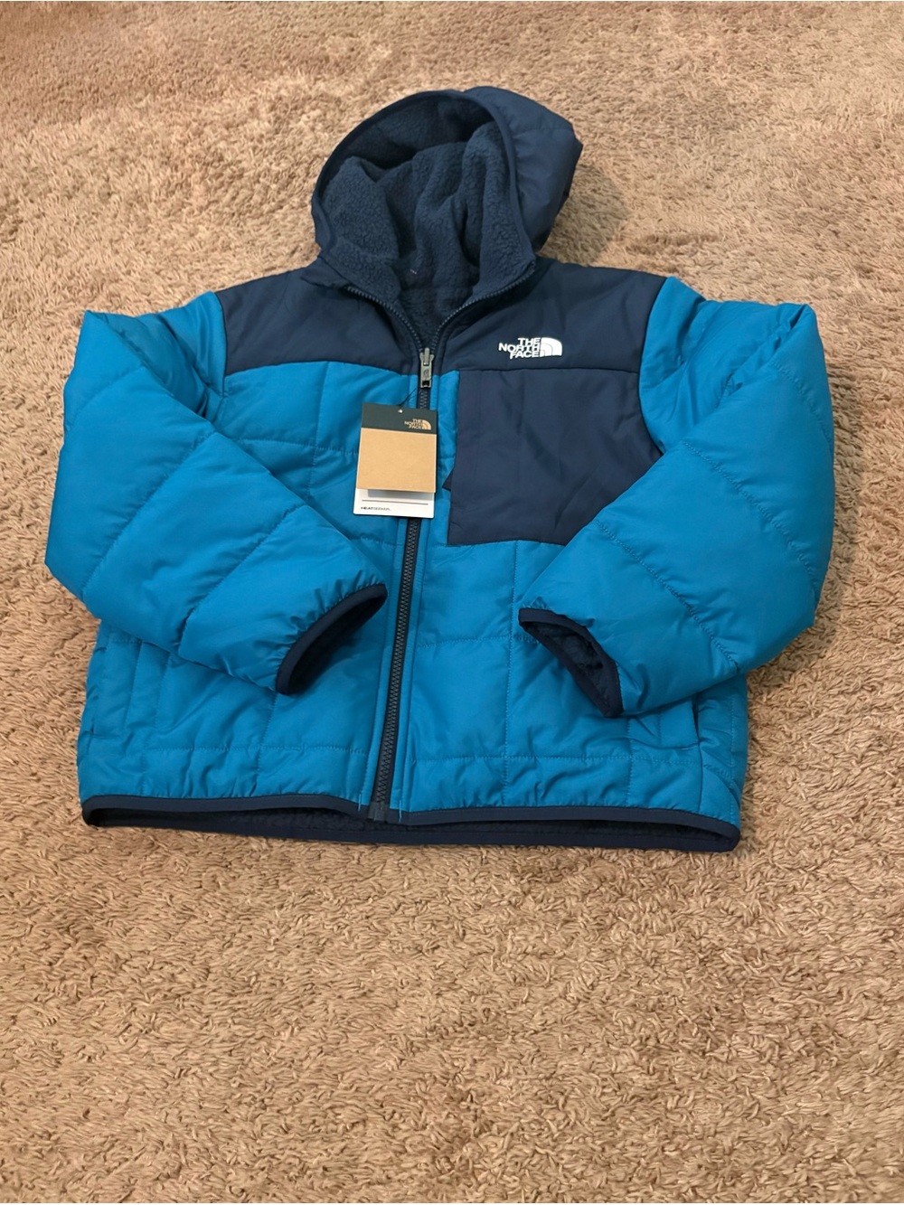 The North Face Kids' Teal and Navy Hooded Puffer Jacket